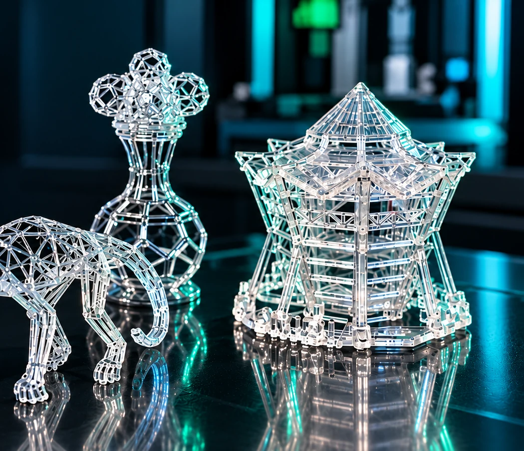Illustrative arrangement of clear-resin 3D models: geometric animal, ornament and architectural scale model